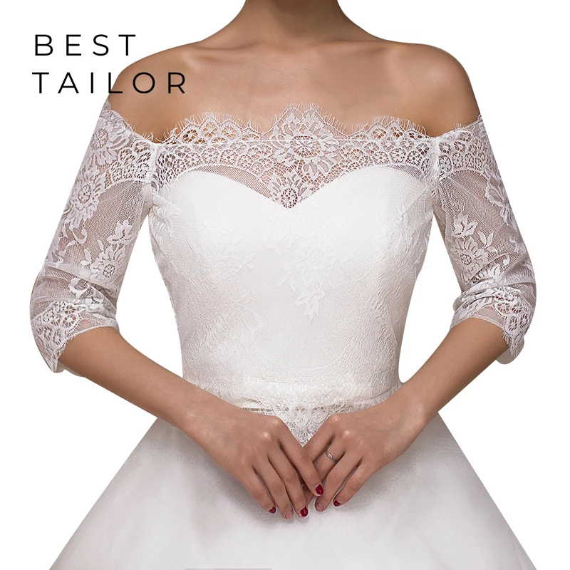 

Lace White Wedding Jacket Bolero Bridal Wraps Bateau Neck Half Sleeves Lace Up Elegant Women Wedding Accessories Mariage femme