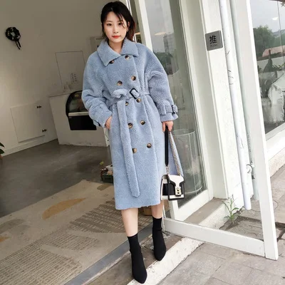 Light blue Шуба женская зимняя новая овечья стрижка гранулы Имитация шерсти композитный мех один длинный рукав теплая шуба Tide H00859 - Цвет: Light blue