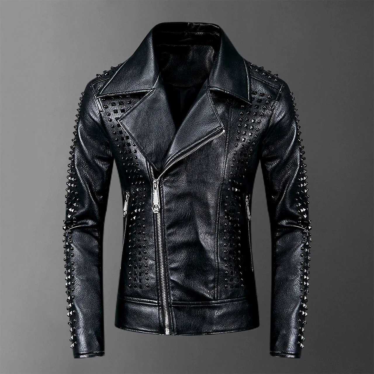 

2021 Rivets PU Jackets Men Black Slim Turn-Down Neck Zipper Full Streetwear Motorcycle Faux Leather Coats Casacas Para Hombre