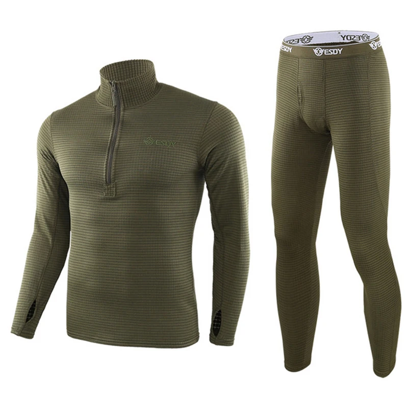 Army green Мужской теплый комплект термобелья с длинным рукавом Зимний флис тонкий армейский Тактический походный военный униформы одежда топ+ брюки F - Цвет: Army green
