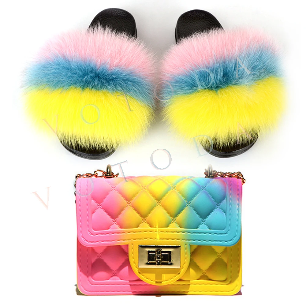 

Children Fur Slippers Jelly Bag Set Toddlar Fox Fur Slides Wallet Set Kids Fur Flip Flop Purse Set Kid Rainbow Sandals Chain Bag