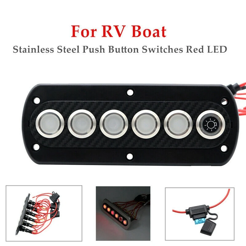 

12V20A Modified 6-Position Carbon Fiber Panel Switch Stainless Steel Button Switch with Red Light for RV Boat