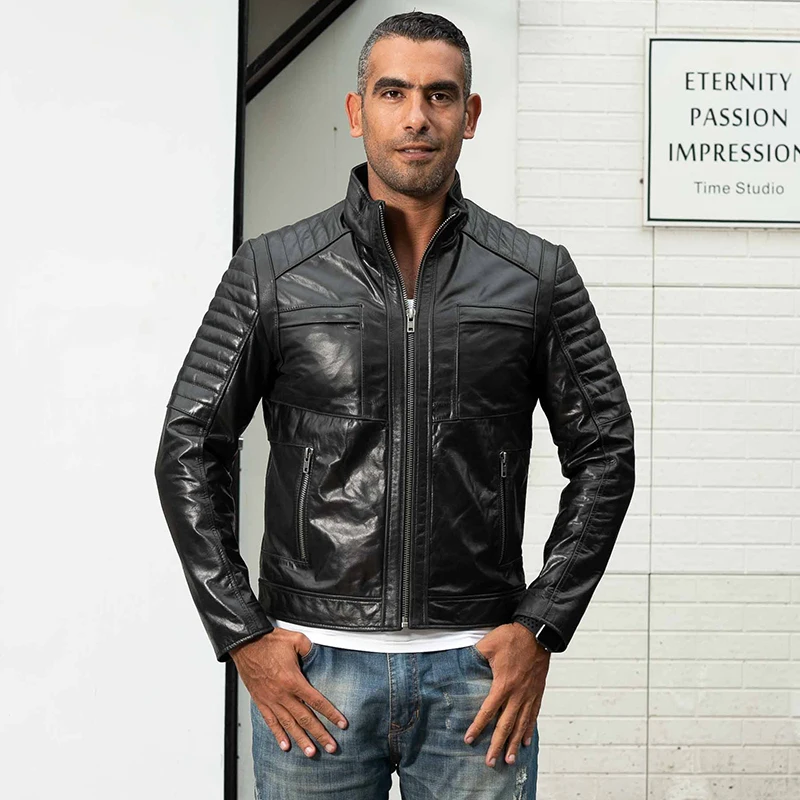 

2021 fashion motorcycle black cow leather pockets slim fit moto biker jacket for men causal skin coat