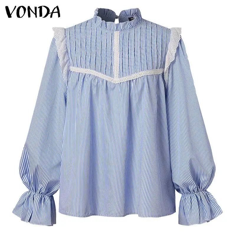 

Casual Tops Women Long Sleeve Pleated Tops Striped Shirts 2021 VONDA Women Female Blusas Femininas Plus Size Tunic S-5XL