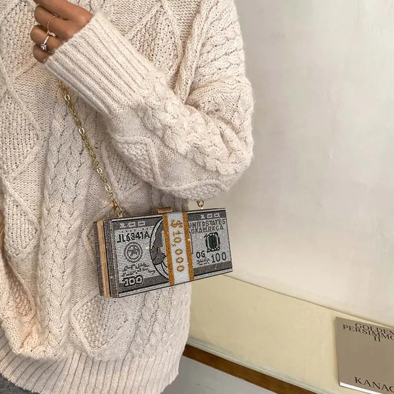 

Bling Money Clutch Rhinestone Purse 10000 Dollars Stack of Cash Evening Handbag Shoulder Wedding Dinner Bag 8 Color 2021 Summer