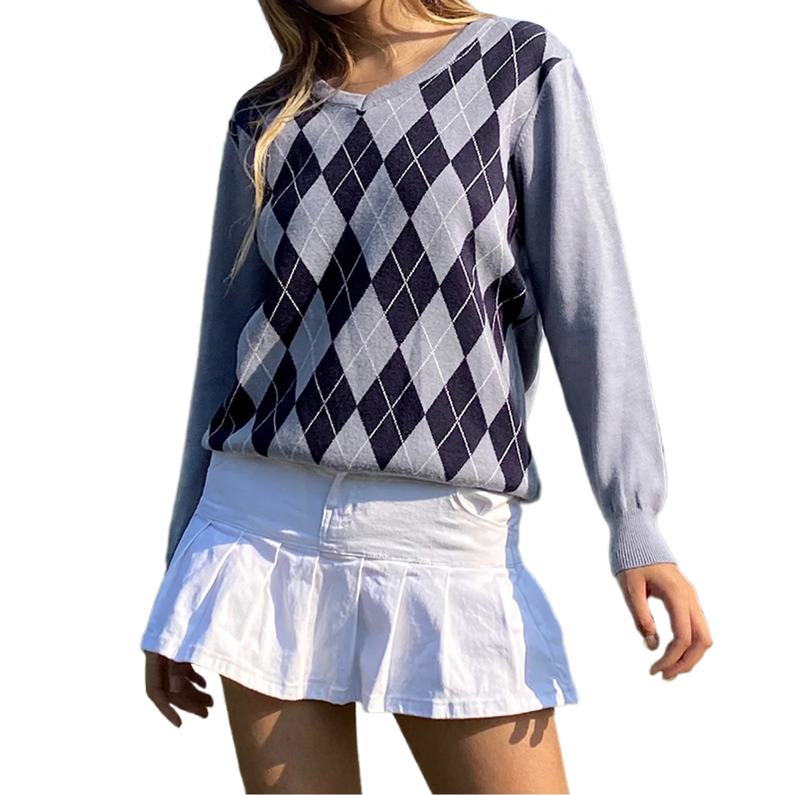 

hirigin Fashion Women Y2k Loose Knitted Pullover Autumn and Winter Warm Adults Long Sleeve V-neck Argyle Sweater
