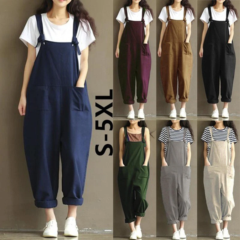 2021 Fashion Summer Women Jumpsuits Suspender Overalls Casual Loose Strap Rompers Female Solid Playsuits Long Pants S-5XL/size