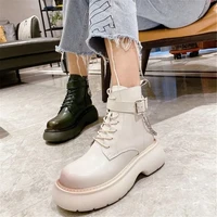 soft leather lace up thick soled motorcycle booties female muffin slope heel ankle boots fashion chain belt buckle women shoes