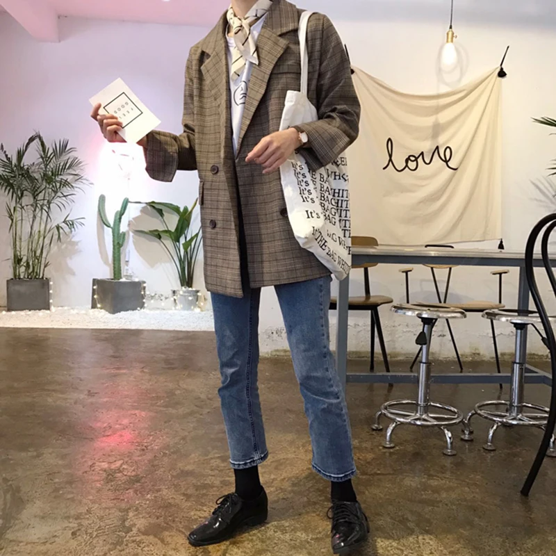 Двубортный Корейский ретро клетчатый костюм женский осенний Новый Свободный