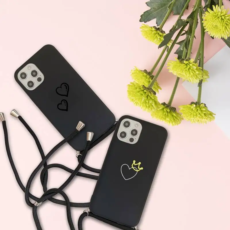 

lack Simple Lines Love Heart Phone Case For iPhone 7 8 11 12 X XS XR MINI Pro Max Plus Strap Cord Chain Lanyard soft