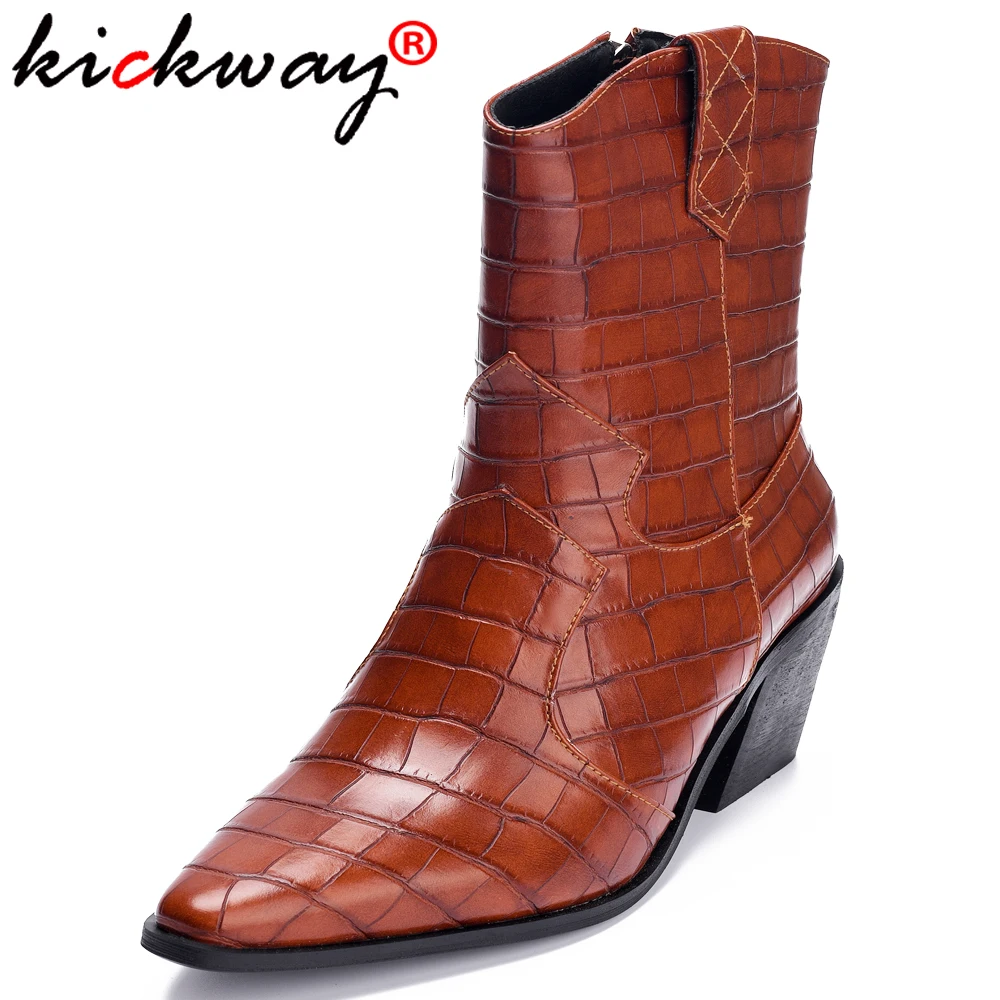 

Kickway Autumn Winter Snake Embossed Pu leather Ankle Boots for Women Western Cowboy Boots Woman Wedge High Heel Boots Ladies 45