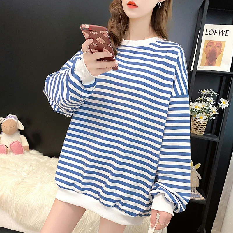 

2021 Autumn New Style Korean Striped Loose Casual Fashion Round Neck Hooded Sweater Women A0108