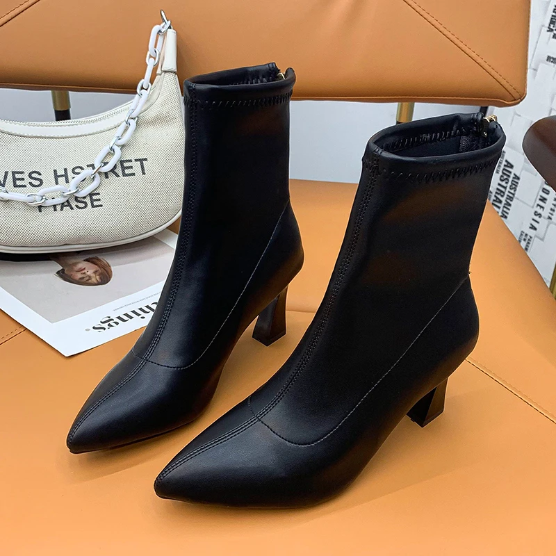 

Women Short Boots Fashion Zipper Sexy Pointed Toe High Heel Winter Shoes Woman Warm Mid Calf Boot Footwear zapatillas mujer