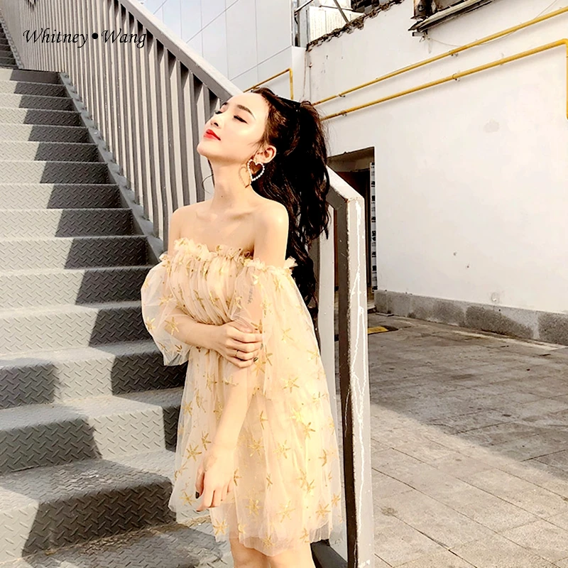 WHITNEY WANG 2020 Spring Summer Fashion Streetwear Sexy Strapless Stars Sequins Mesh Dress Women Night Club | Женская одежда