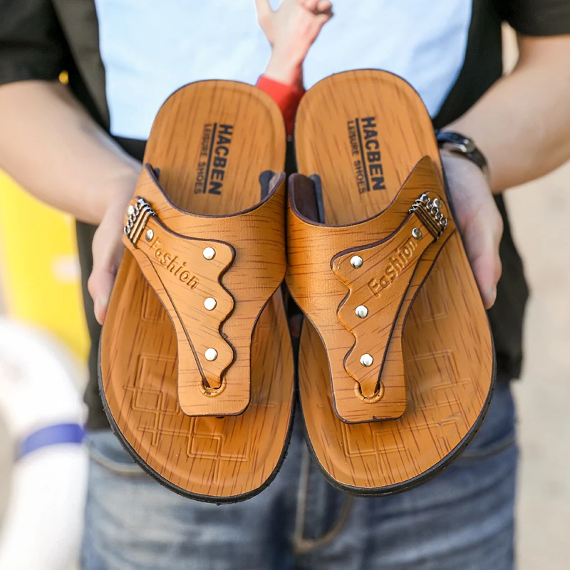 

New Summer Men's Sandals High Quality Leather Slippers Classic Retro Male Shoes Comfortable Beach Slides Fashion Man Footwear