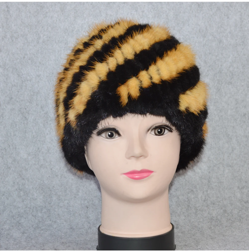Cotton Lining Winter Lovely Real Mink Fur Hat Women Good Elastic Knitted Real Natural Mink Fur Beanies Caps Real Mink Fur Cap