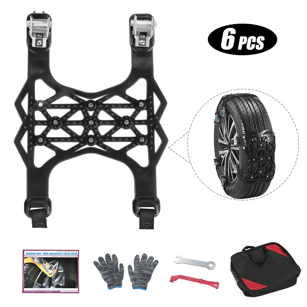 

EU Stock Universal Tire Chains 6Pcs Anti-Skid Snow TPU-Steel Chain Portable Durable Snow Chains Traction Car Snow 165-285mm Wide