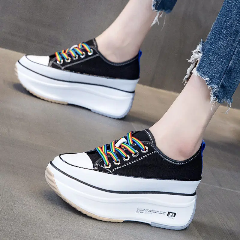 

Black Patchwork Sewing Canvas Shoes Designer Colour Lace-Up Chunky Heighten Shoes 8CM Outdoors Geared Non-Slip Casual Shoes