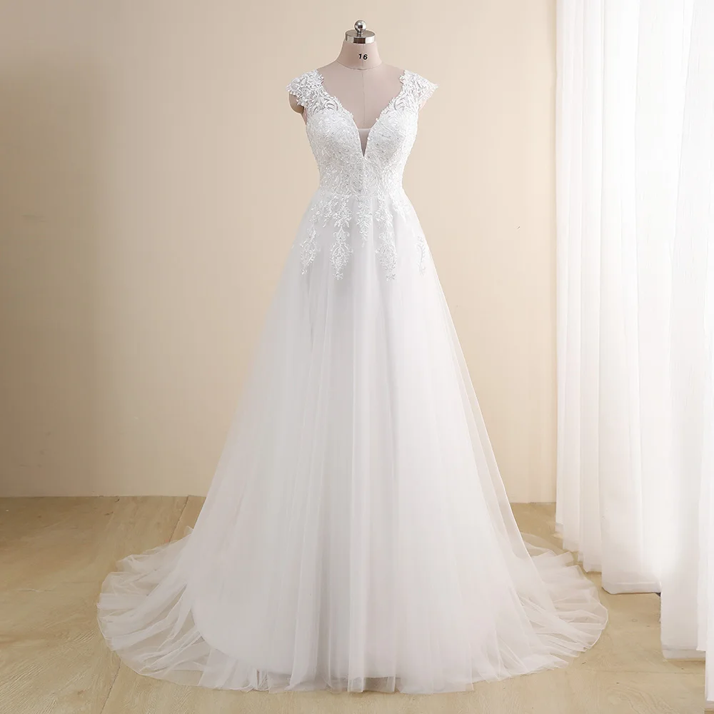 Amazing Wedding Dress Plus Size New Arrival V neck Cap Sleeve A Line Wedding Gowns Tulle Lace Applique Robe De Mariee Gown bridal shower dress