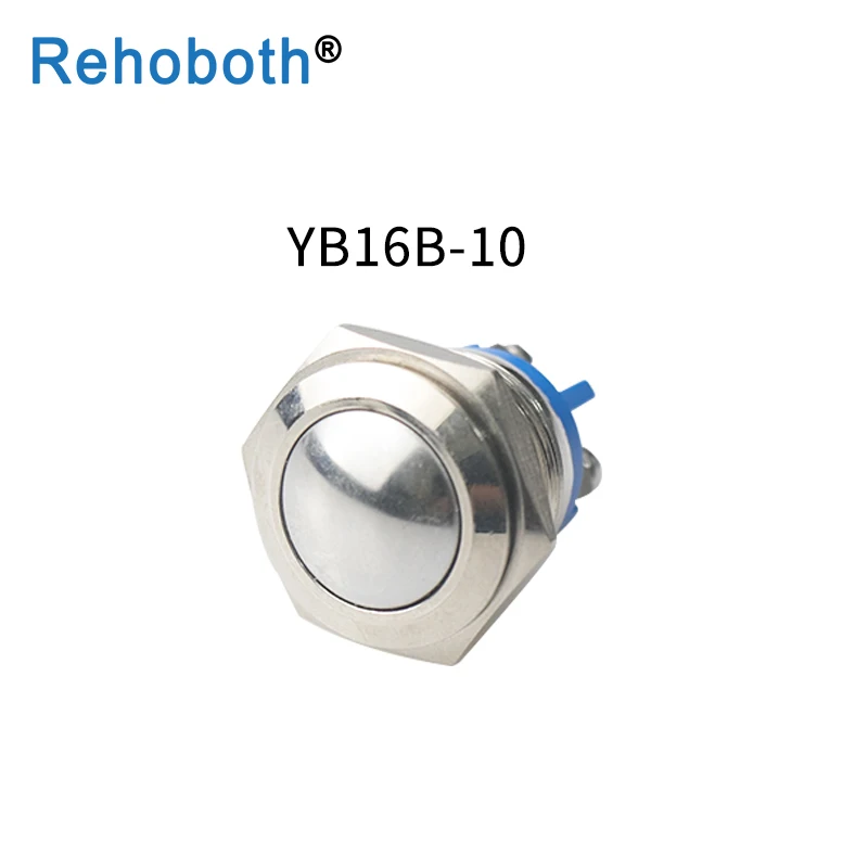 YB16B-10 16 мм металлический кнопочный переключатель IP67 Водонепроницаемый никелированный латунный пресс-Кнопка самосброс 1NO Высокий/плоский/Форма Круглый Мгновенный - Цвет: YB16B-10
