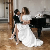 verngo simple white thick satin high low wedding dress one shoulder short sleeves bride gowns warm 2021 robe de mariage