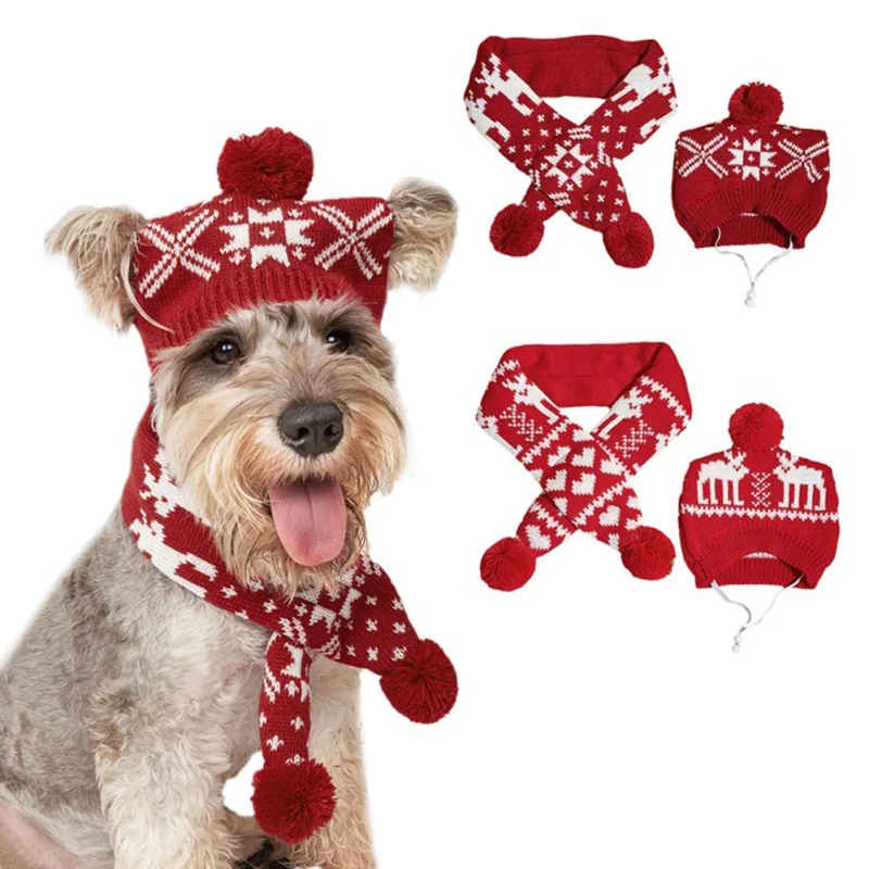 

Рождественский костюм, теплая вязаная шапка и шарф, для щенков и кошек, Рождественская одежда, костюм для чихуахуа, Санты, собак, зима шапка д...