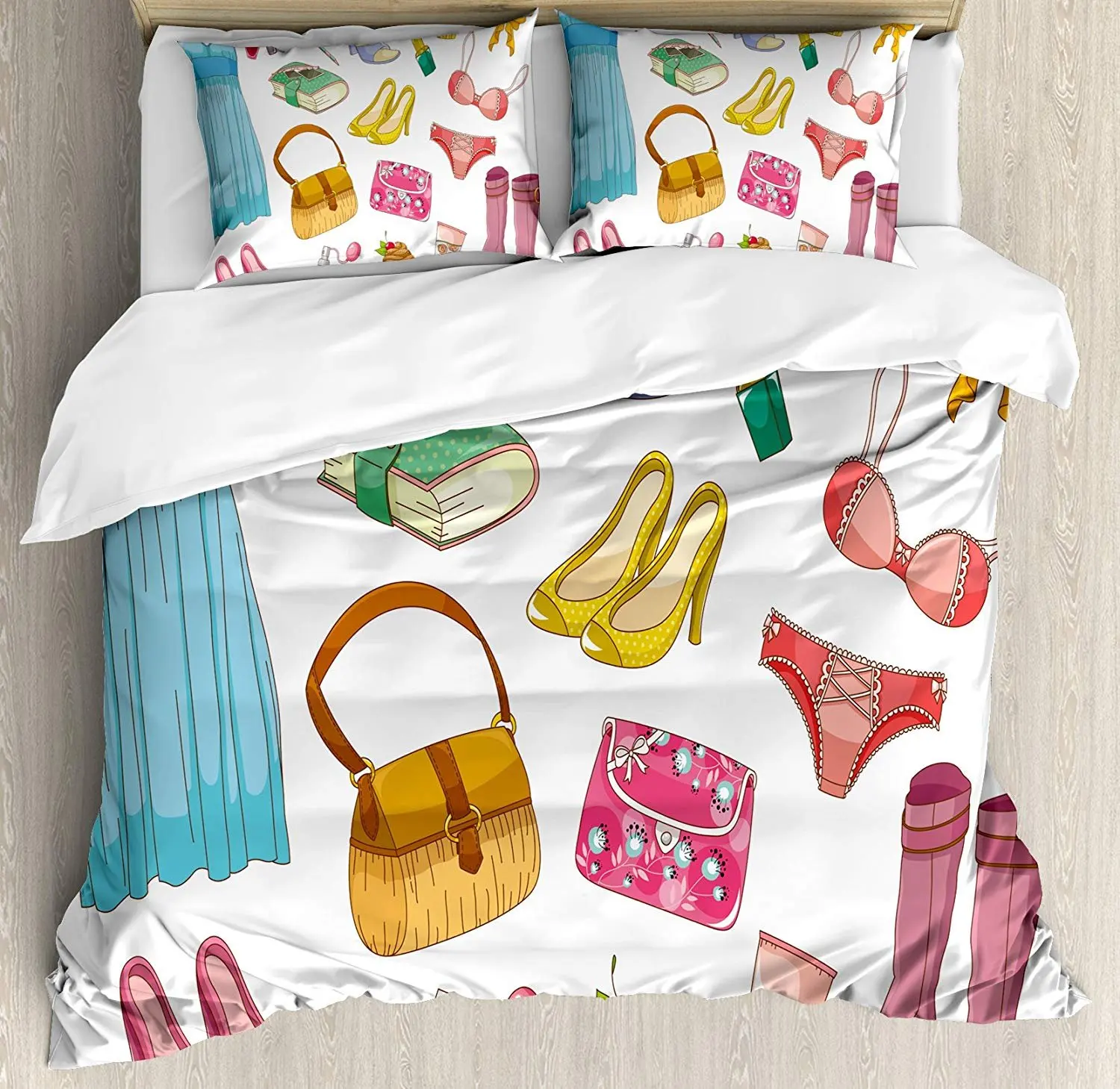 

Комплект постельного белья на каблуках и платьях, модные девичьи предметы, косметические сапоги в мультяшном стиле, капкейки, помада, подод...