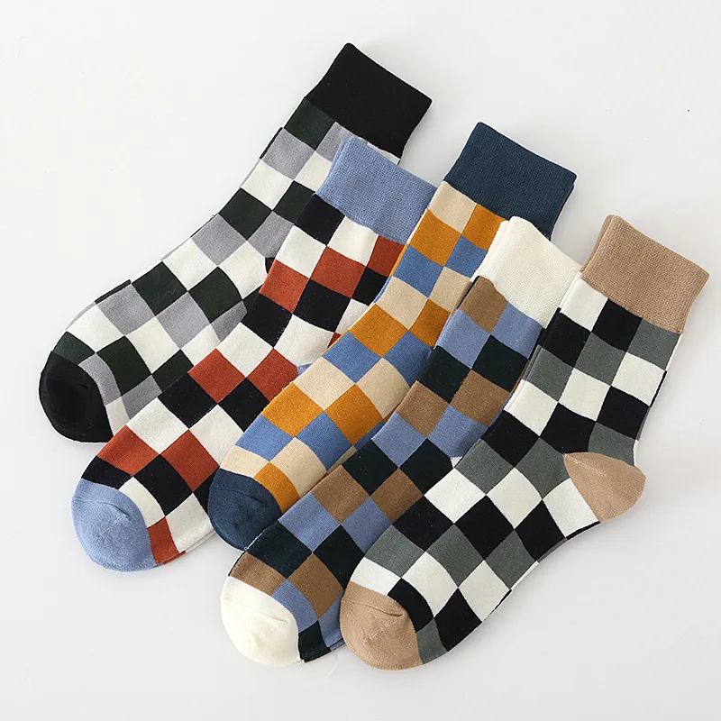 

New British Style Plaid Color Matching Mid-Calf Socks Men's Cotton Personality Men Trendy Socks In Stock Wholesale