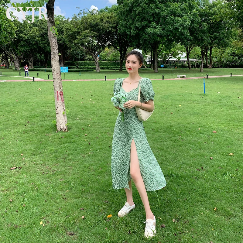 

Summer Floral Dress Women French Style Puff Sleeve Chiffon Split Fairy Dress Sexy Elegant Korean Style Clothes New Arrival 2021