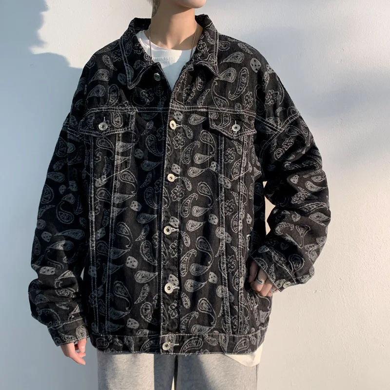 

Denim jacket men's 2021 spring cashew flower BF style printing loose casual men's coat fashion brand