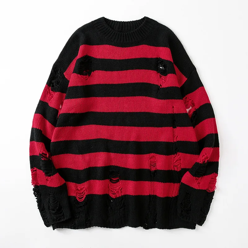 Red Black Striped Distressed Sweater Cozy Knit Pullovers Oversize Jumper Women e-girl Unisex Dark Goth Grunge Aesthetic Clothing