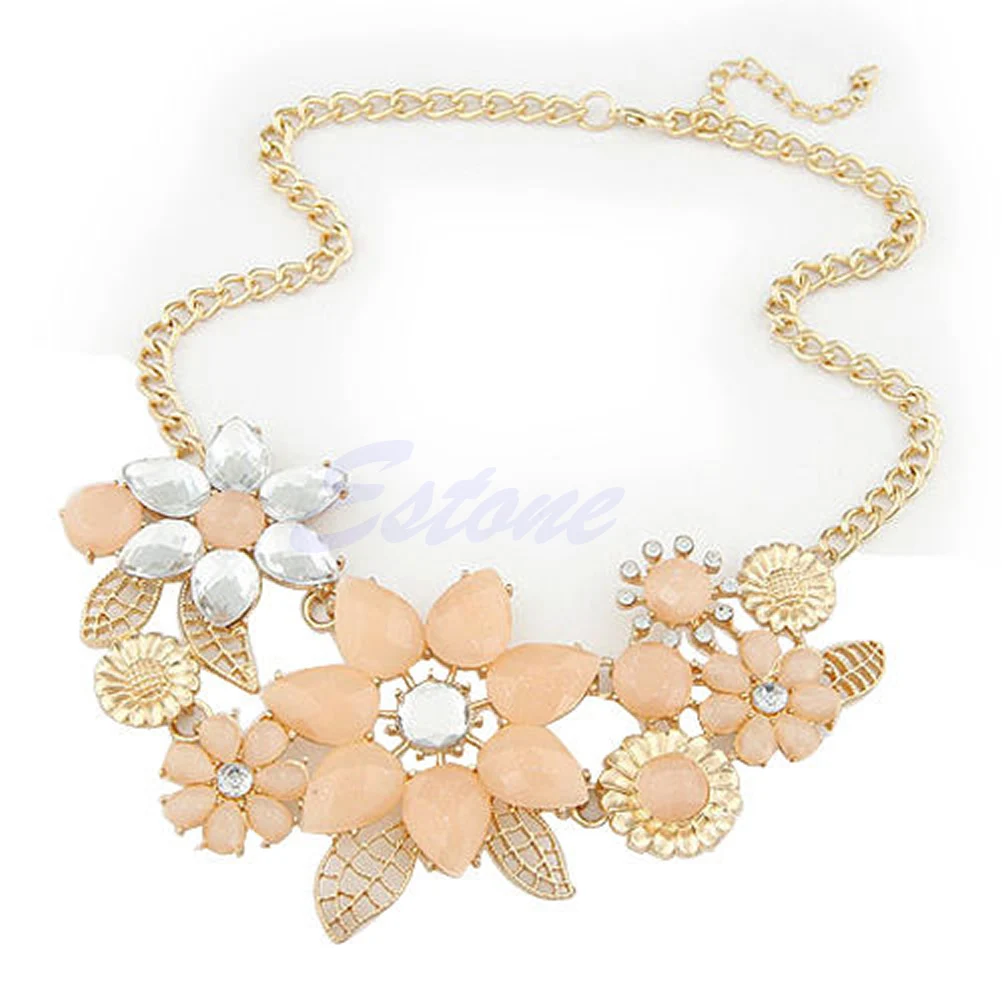 

New Lady Fashion Colorful Resin Big Flower Golden Chain Choker Bib Necklace