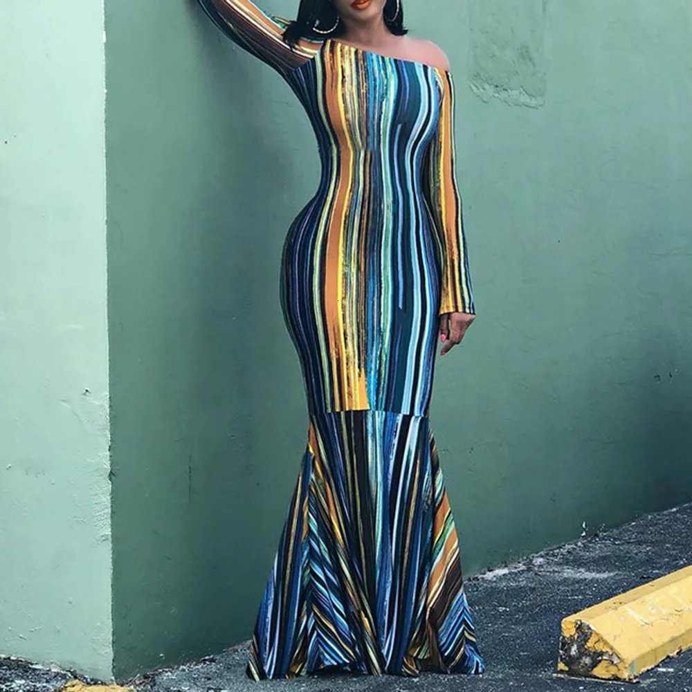 Цвет блок в полоску с открытыми плечами Русалка Длинные Сексуальные вечерние