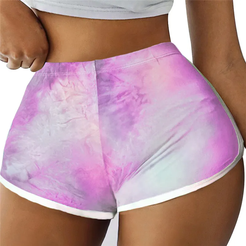 

2020 Summer Women Tie Dye Print Short Pants Contrast Binding Side Split Elastic Waist Patchwork Casual Beach Party Shorts