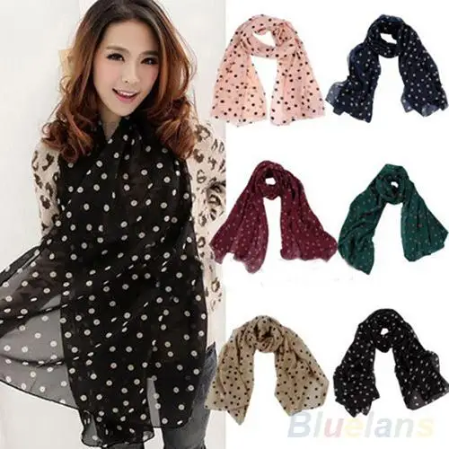

New Hot Fashion Women's Lady Polka Dot Printing Chiffon Long Scarf Shawl Wraps 5 Colors Soft Comfort Christmas Gift