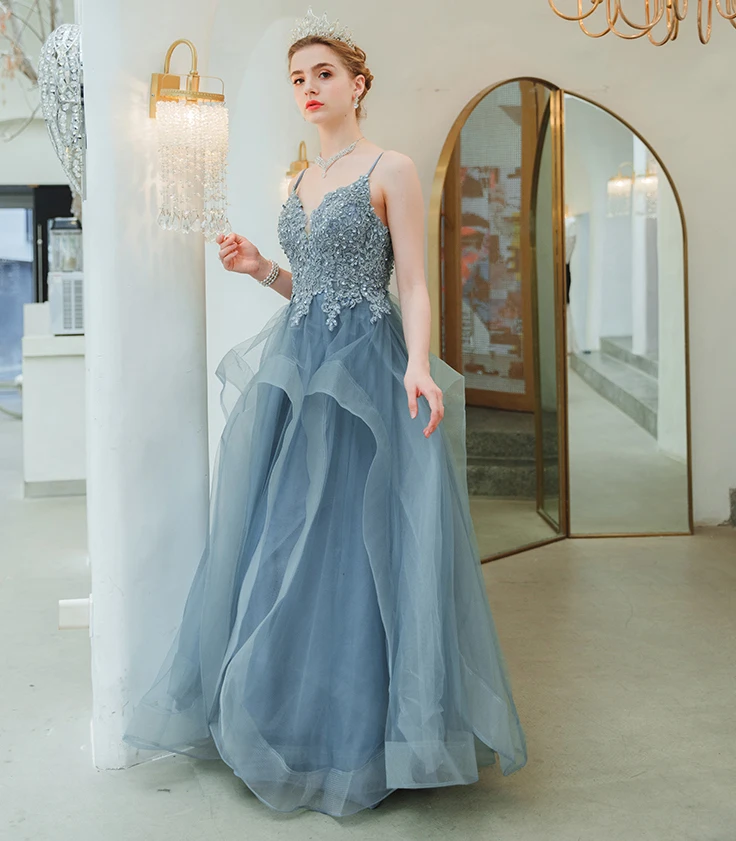 SSYFashion Новое романтическое синее вечернее платье, для банкета, элегантное, с v-образным вырезом, Appliuques, с блестками, в пол, вечернее платье Vestido De Noche