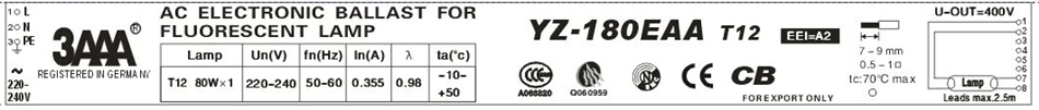 3AAA YZ-180EAA 220-240 в 80 Вт T12 AC электронные балласты 80 Вт Выпрямитель тока для T12 УФ-трубки ультрафиолетовые лампы люминесцентные лампы