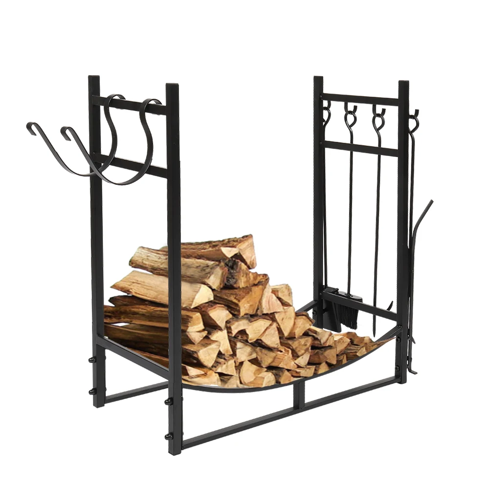 Iron Fireplace Firewood Holder Stand Rack Storage Shelf  Black Heavy Steel Tube Construction With Tools[US-Stock]