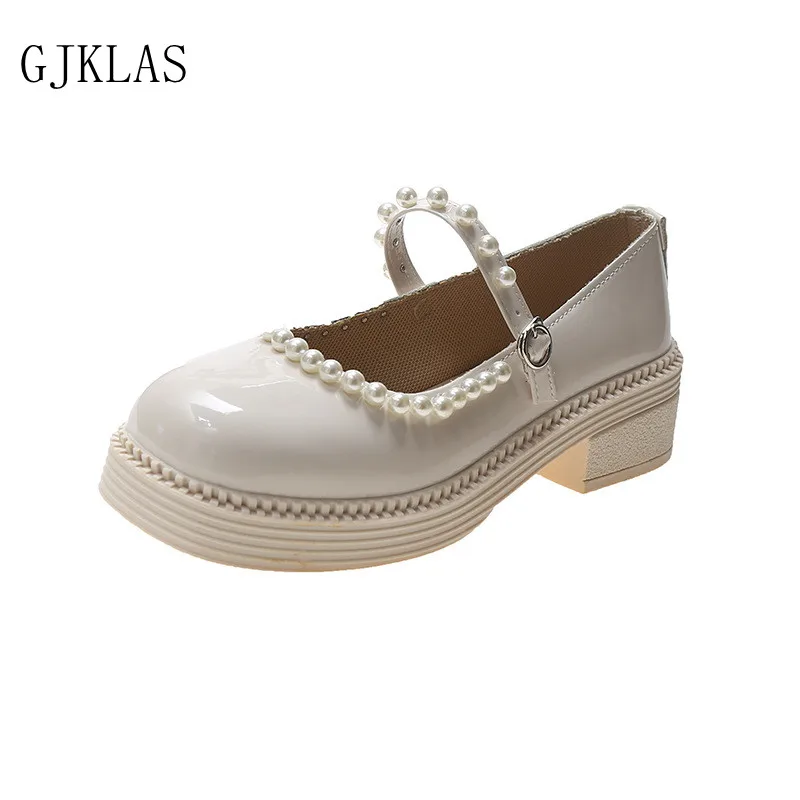 

Kitten Heels with Pearls Mary Janes Platform Shoes Black Heels Girls School Shoes Round Toe Leather Pumps Women Block Heels