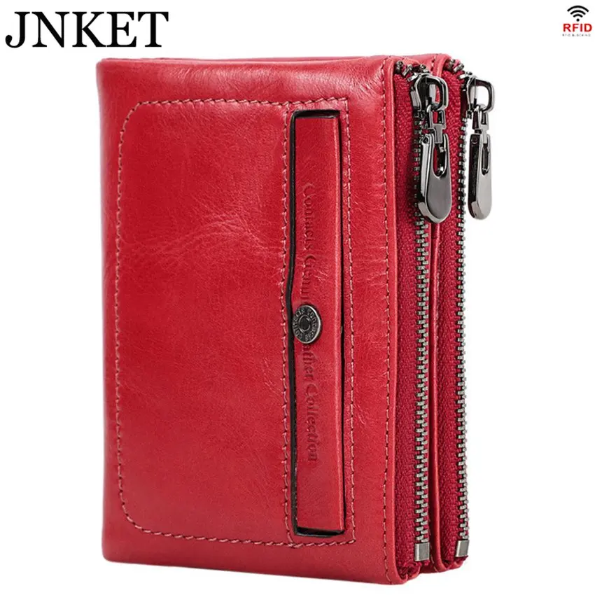 

JNKET New Short Women RFID Wallet Cow Leather Clutch Wallet Double Zipper Wallet Card Holder Wallet