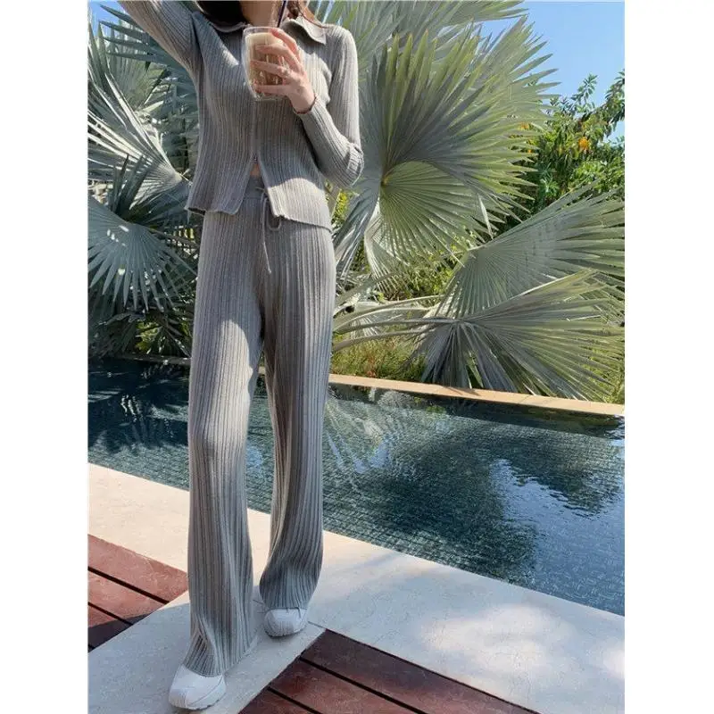 

Elegant Knitted Two Piece Set Women Zipper Long Sleeve Shirts Tops and Elastic Waist Wide Leg Pants Suit Female Outfit X59