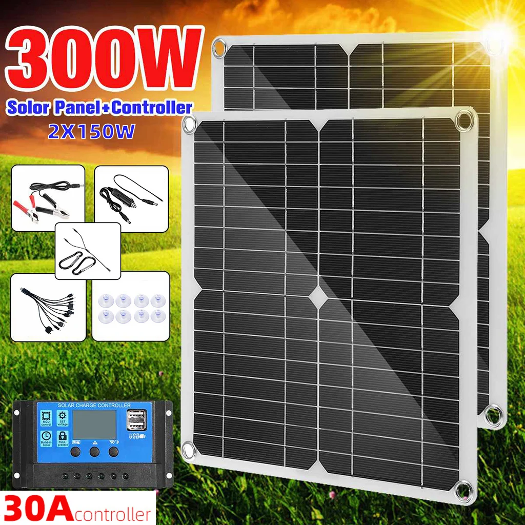 Solar Panel Kit 18V Battery Charger Maintainer Solar Charge Controller Solar Cables for Car RV Vehicle Marine Boat