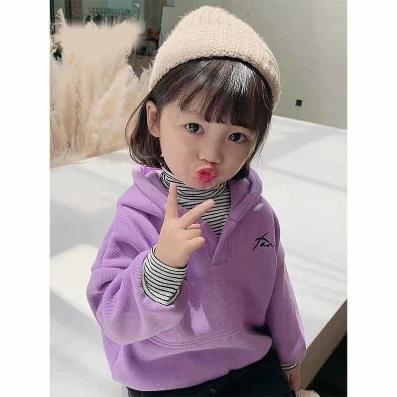 

Boys' Girls' Hoodies Sweatshirts Baby's Kids Outwear 2021 Purple Plus Velvet Thicken Winter Autumn Top Cotton Children's Clothin