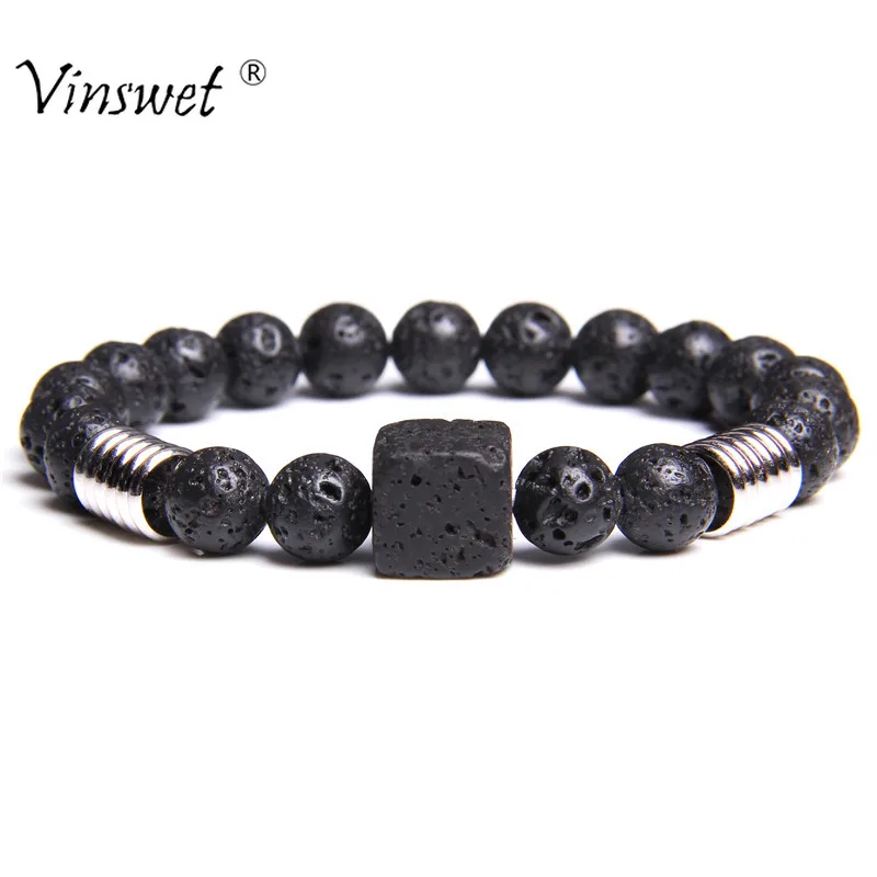 Черная Лава браслеты с бусинами из натурального камня для мужчин и женщин в