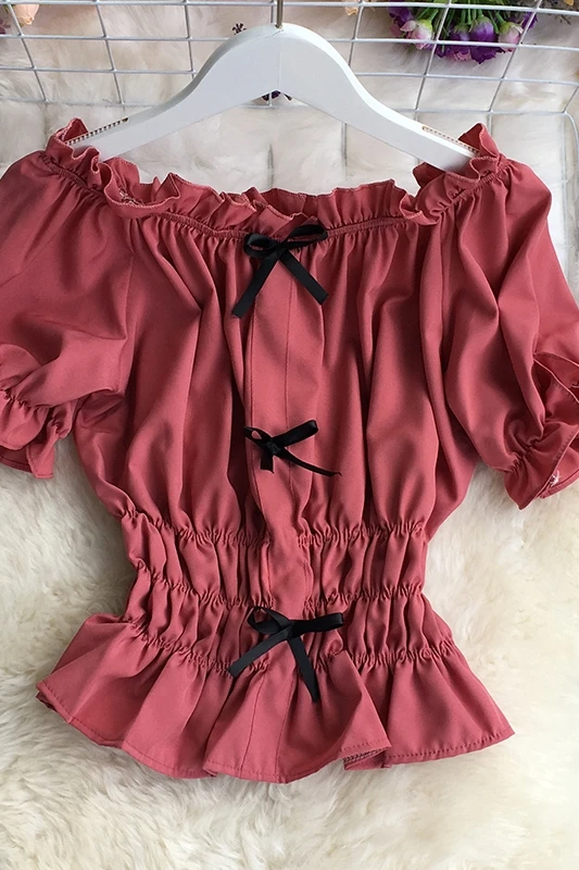 

2021 New Summer Fashion versatile slash neck puff sleeve Shirt lace up bow bow decoration pleated waist short Shirt Top