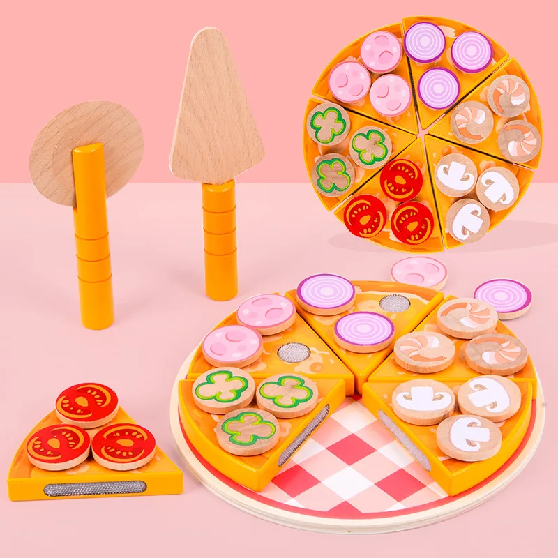 27pcs Pizza Wooden Toys Food Cooking Simulation Tableware Children Kitchen Pretend Play Toy Fruit Vegetable Cutting Game