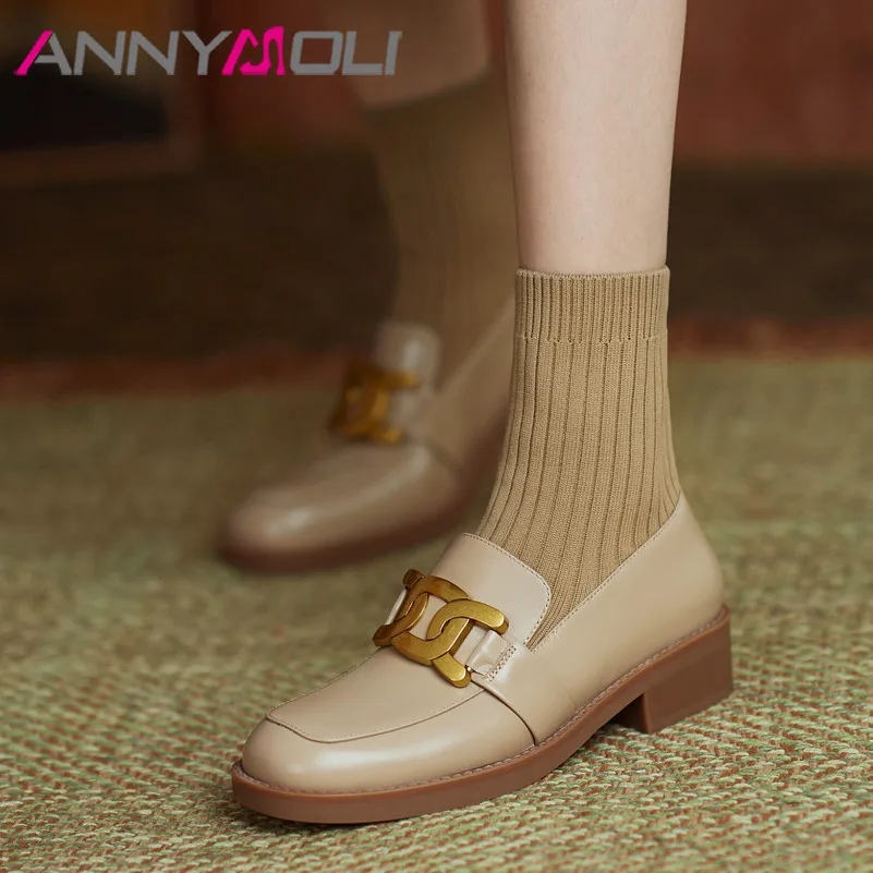 

ANNYMOLI Genuine Leather Med Heel Short Boots Woman Shoes Thick Heels Ankle Boots Metal Decoration Female Shoes Autumn Winter 40