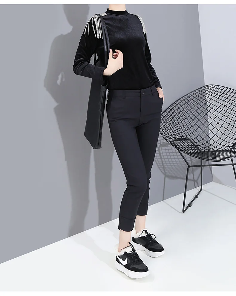 

XUXI 2020 New Spring Utumn Women Black Tassels Split Joint Temperament T-shirt New Stand Collar Long Sleeve Fashion Tide FZ0315
