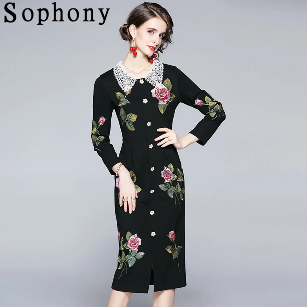 

Runway Design Vintage Rose Embroidery Black Dress Lace Turn Down Collar Long Sleeve Bodycon Winter Autumn Party Dresses S68252