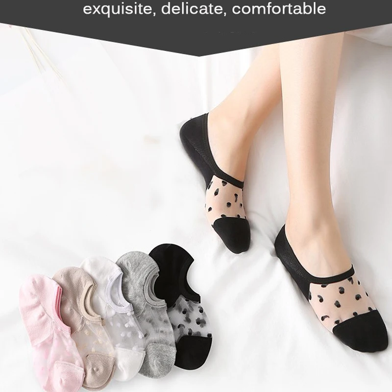 

5Pairs Fashion Women's Lace Socks Silk Crystal Socks Invisible Girls Socks Elasticity Dot No Show Lady Socks Famale Hosiery Sox
